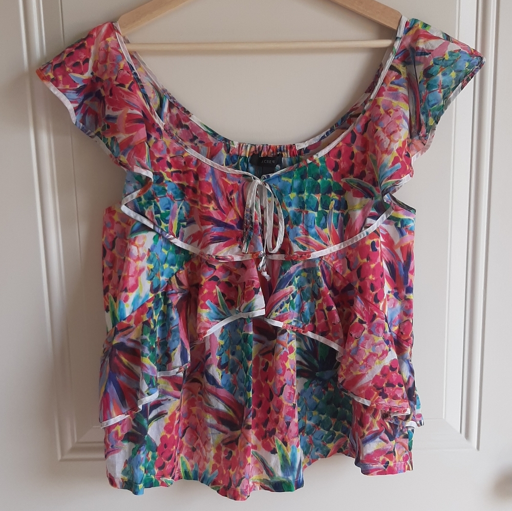 J Crew Ratti Painted Pineapple Ruffle Top Size 4